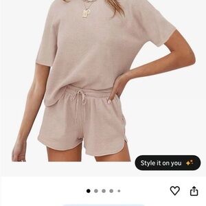 New Soft Beige Waffle Knit Lounge Set Long Sleeve Top and Shorts Outfit Size S